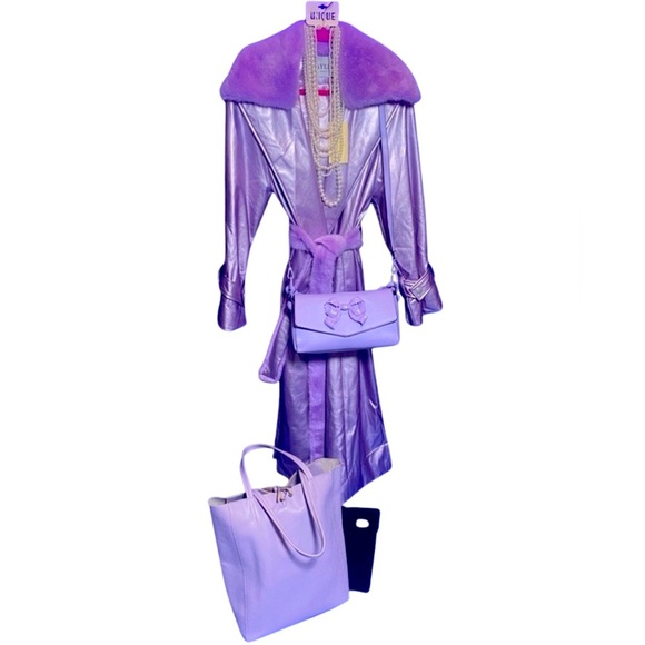 💜 Lilac Detachable Faux Fur& Belt, Faux Leather Metallic Maxi Trench Coat 💜 NWT - Picture 3 of 14